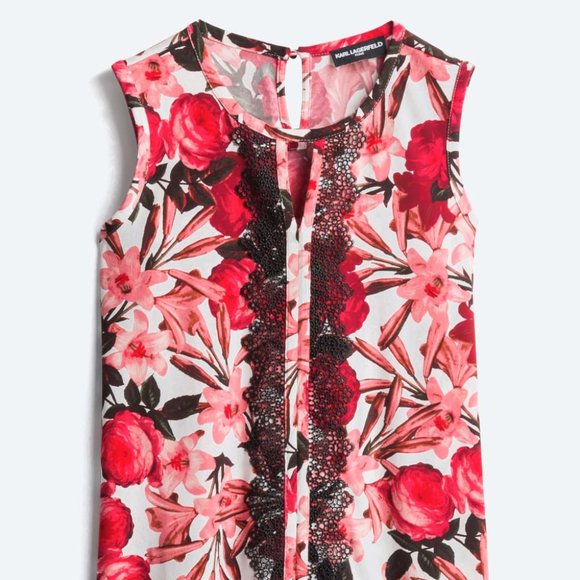 Karl Lagerfeld Paris Blouse - Red Floral with Lace - Picture 1 of 1